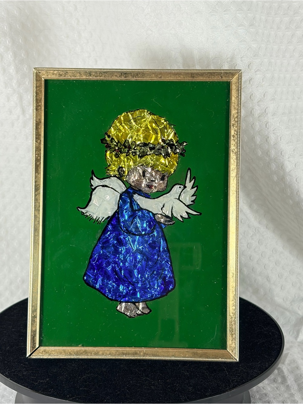 Vintage Handmade Blue and Gold Angel Wall Art - Framed Home Art